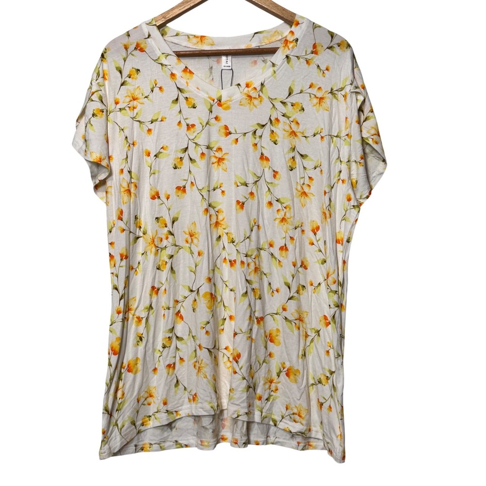 Kuotai Womens XXL V-Neck Floral‎ T-Shirt White Yellow Orange Rayon Spandex Top